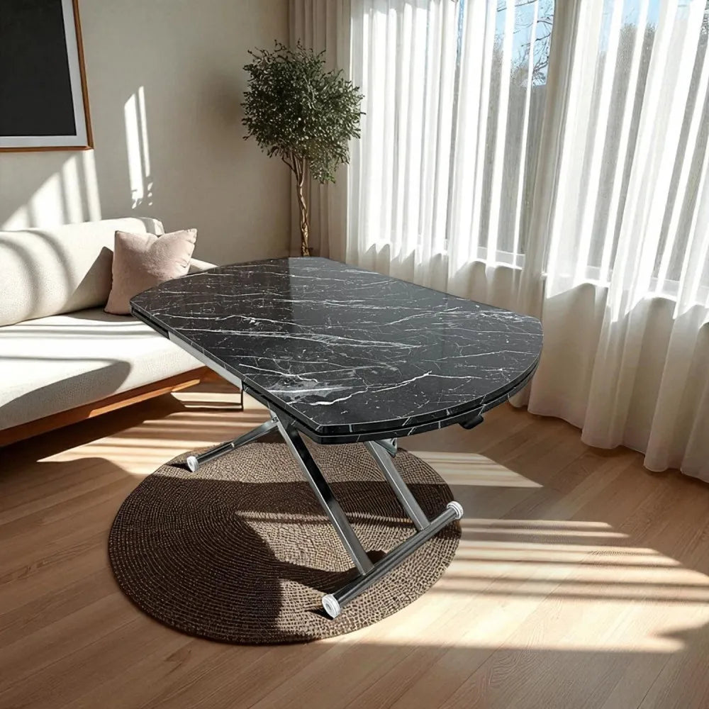 Oval Yan Baştan Açılır Akıllı Masa Üst Mdf Siyah Mermer Desen Alt Ayak Krom Kaplama