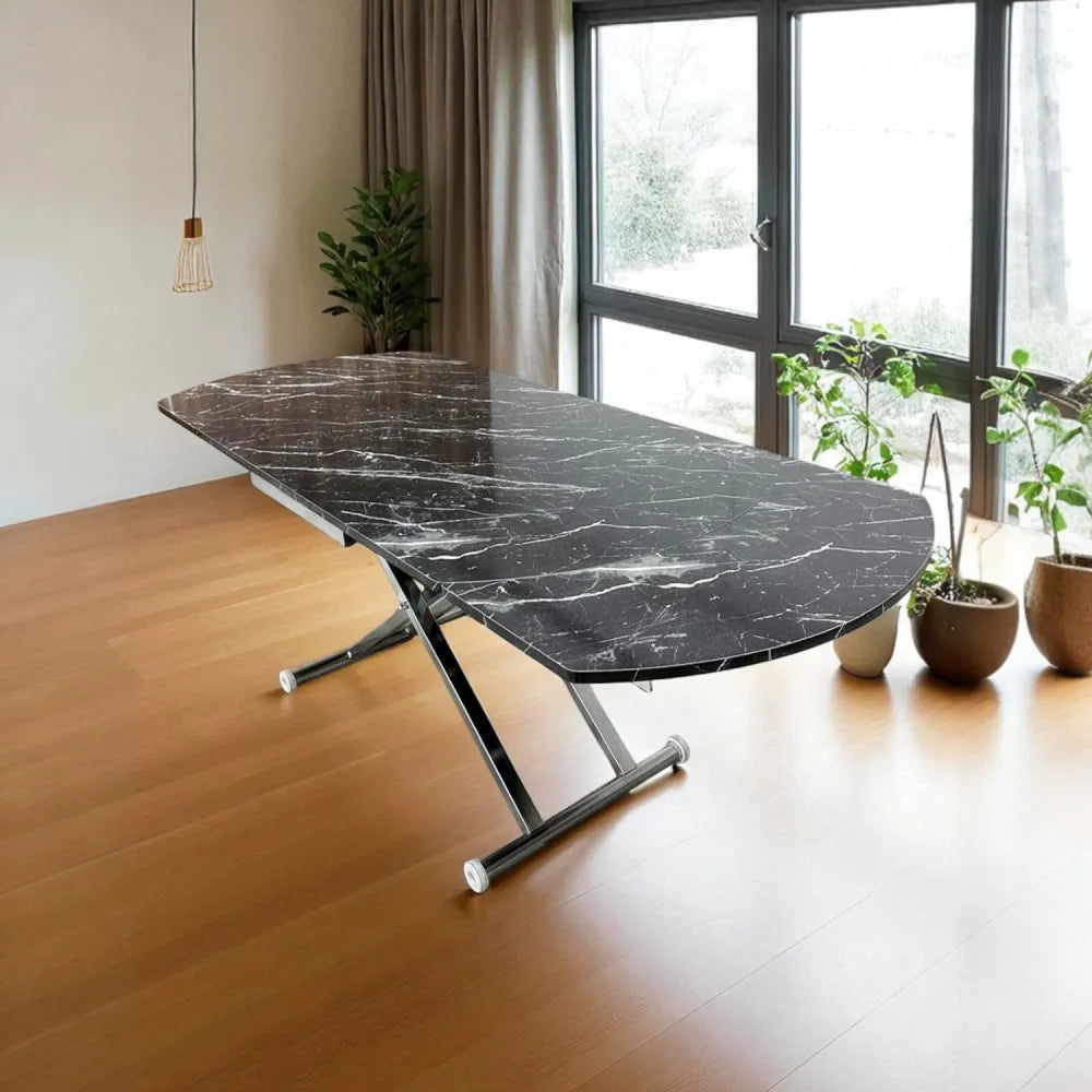 Oval Yan Baştan Açılır Akıllı Masa Üst Mdf Siyah Mermer Desen Alt Ayak Krom Kaplama