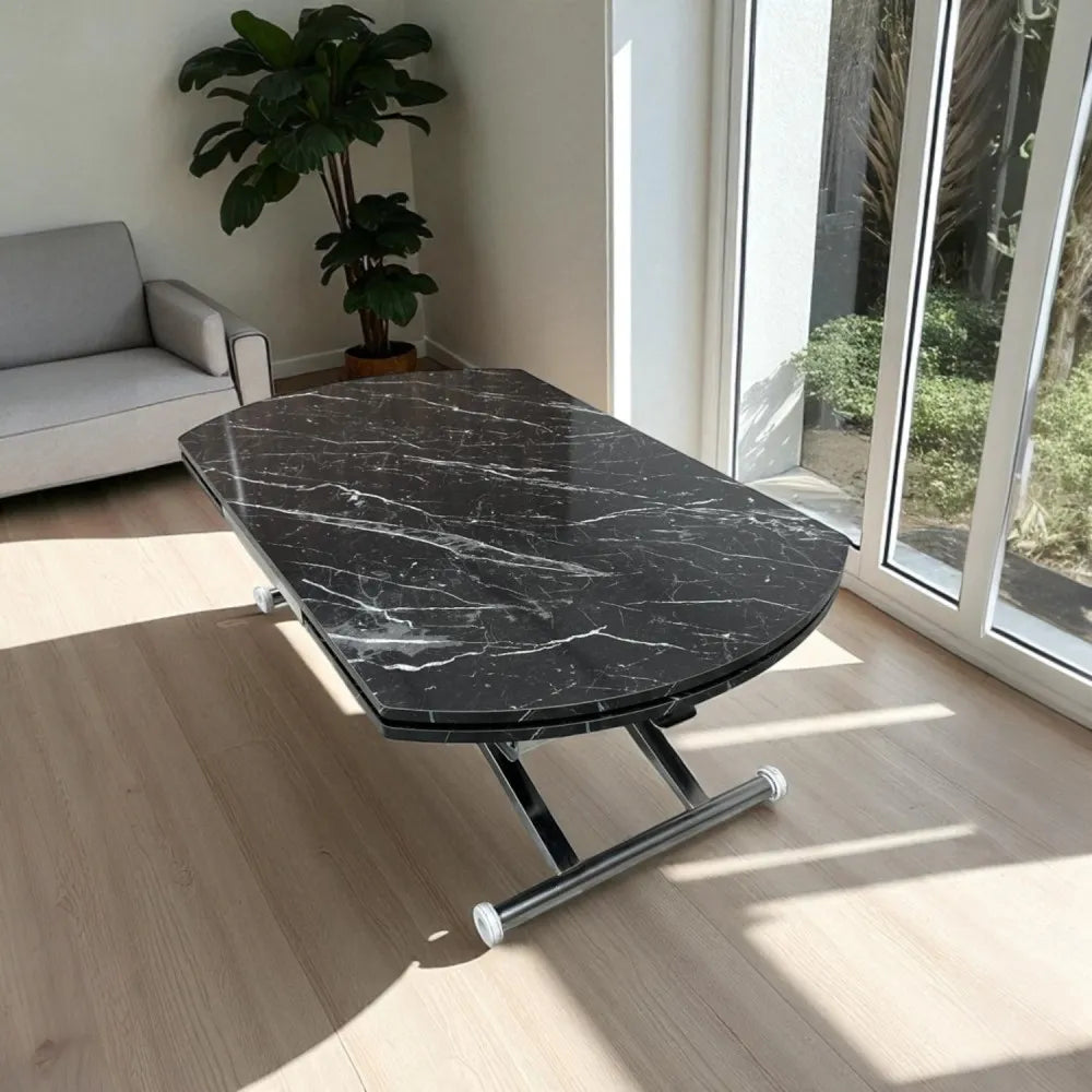 Oval Yan Baştan Açılır Akıllı Masa Üst Mdf Siyah Mermer Desen Alt Ayak Krom Kaplama