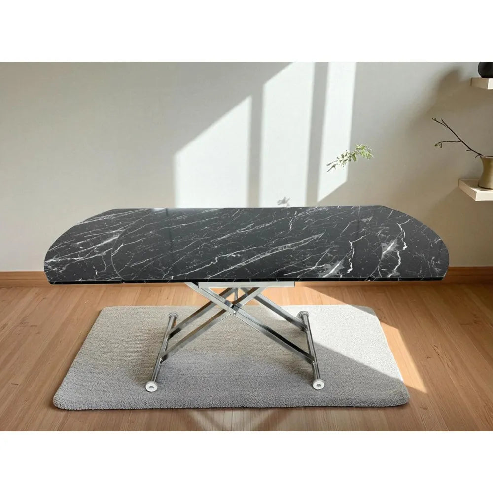 Oval Yan Baştan Açılır Akıllı Masa Üst Mdf Siyah Mermer Desen Alt Ayak Krom Kaplama