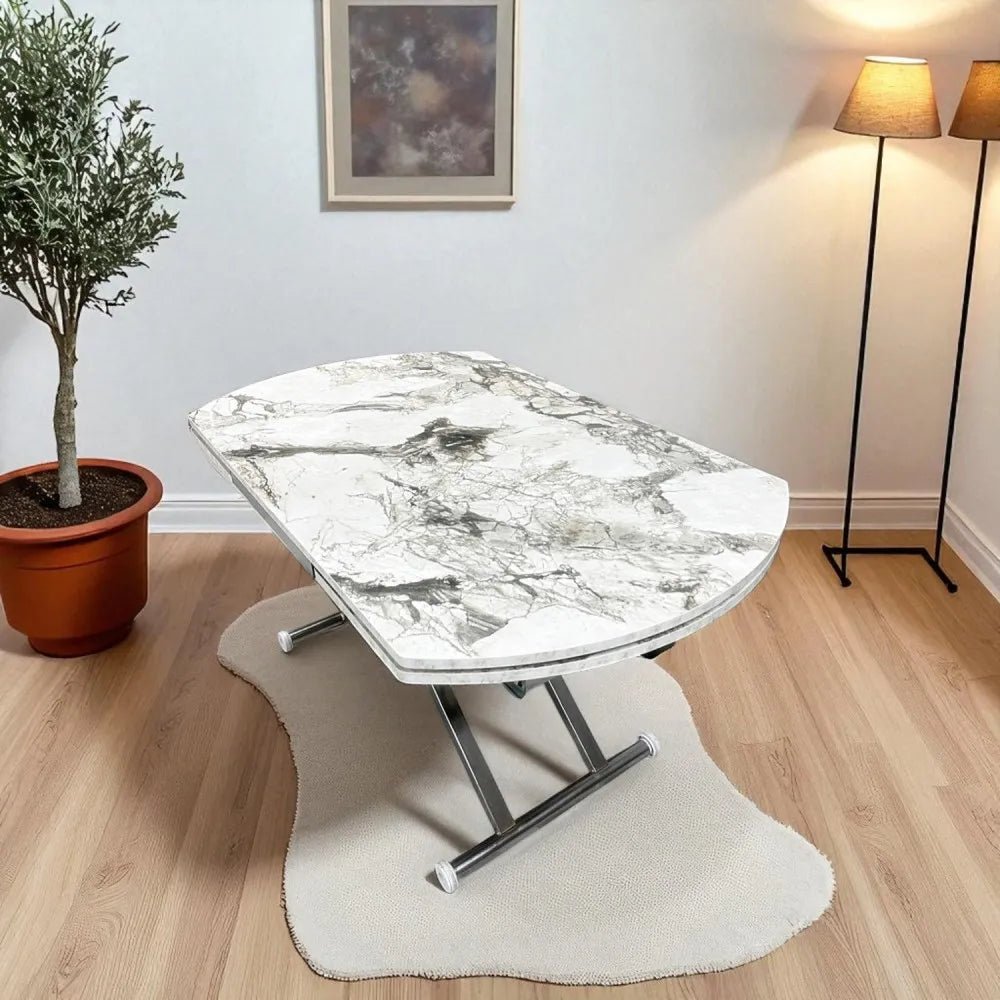 Oval Yan Baştan Açılır Akıllı Masa Üst Mdf Beyaz Mermer Desen Alt Ayak Krom Kaplama