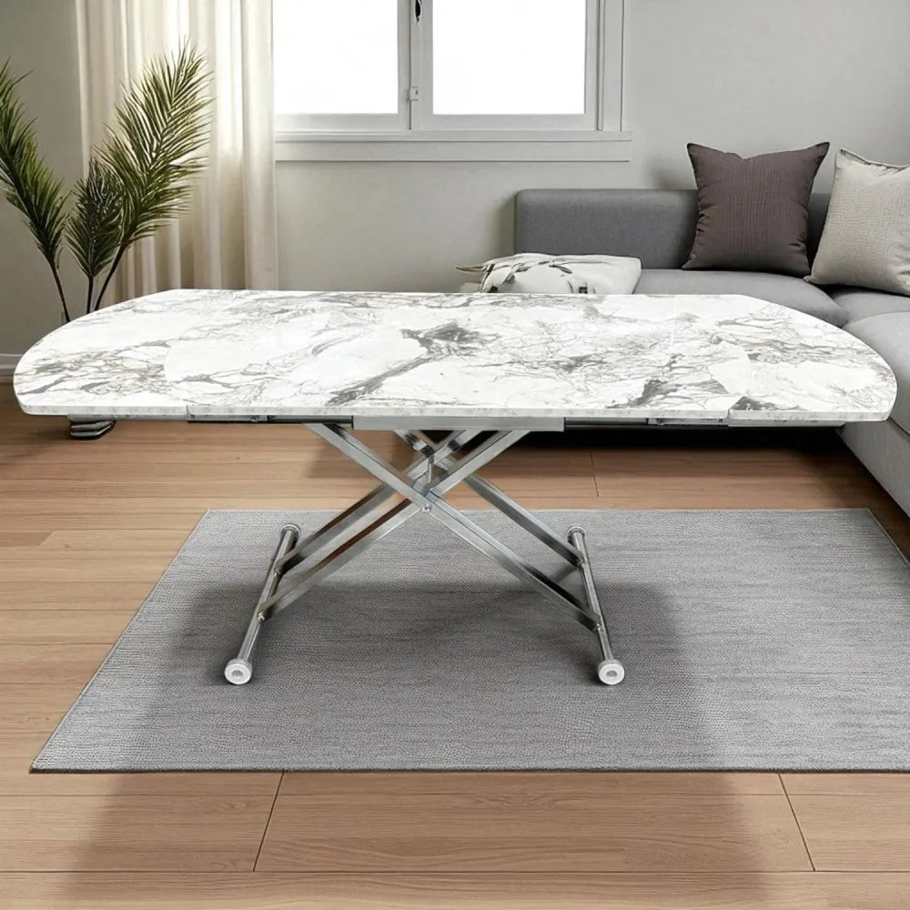 Oval Yan Baştan Açılır Akıllı Masa Üst Mdf Beyaz Mermer Desen Alt Ayak Krom Kaplama