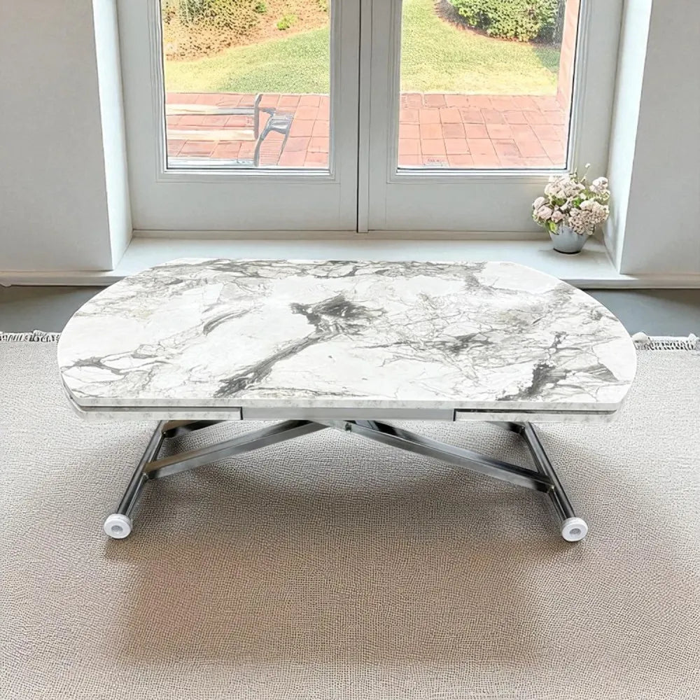 Oval Yan Baştan Açılır Akıllı Masa Üst Mdf Beyaz Mermer Desen Alt Ayak Krom Kaplama