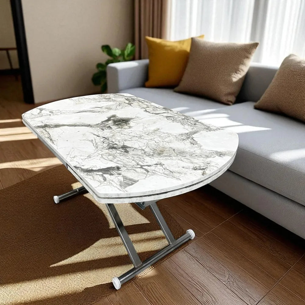 Oval Yan Baştan Açılır Akıllı Masa Üst Mdf Beyaz Mermer Desen Alt Ayak Krom Kaplama