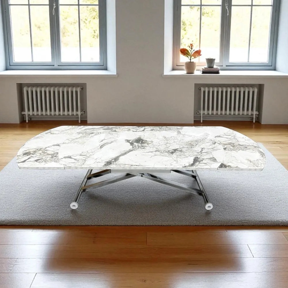 Oval Yan Baştan Açılır Akıllı Masa Üst Mdf Beyaz Mermer Desen Alt Ayak Krom Kaplama