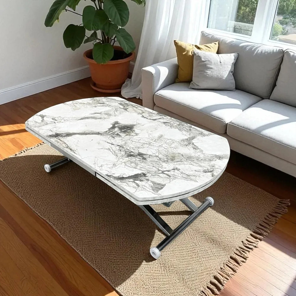 Oval Yan Baştan Açılır Akıllı Masa Üst Mdf Beyaz Mermer Desen Alt Ayak Krom Kaplama