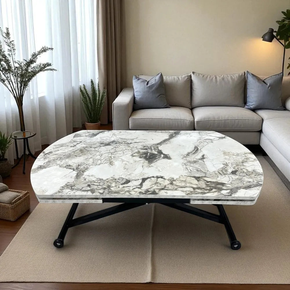 Oval Yan Baştan Açılır Akıllı Masa Üst Mdf Beyaz Mermer Desen Alt Ayak Siyah Renk