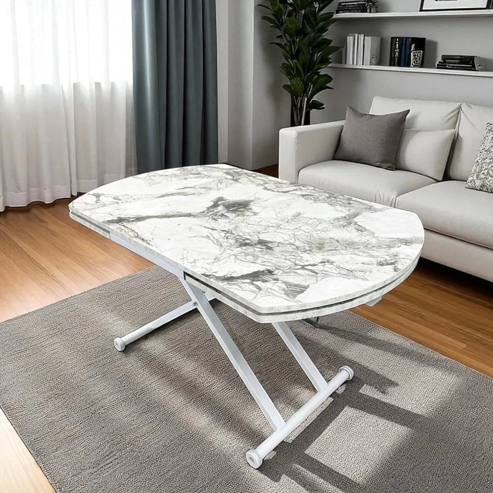 Oval Yan Baştan Açılır Akıllı Masa Üst Mdf Beyaz Mermer Desen Alt Ayak Beyaz Renk