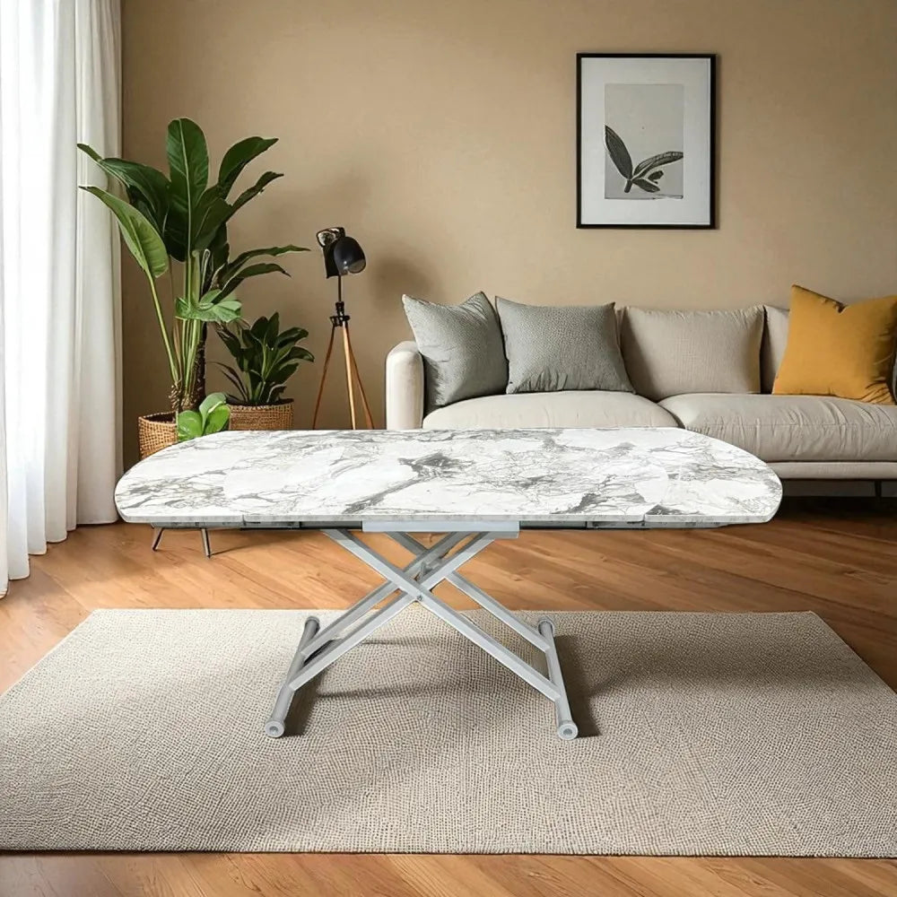 Oval Yan Baştan Açılır Akıllı Masa Üst Mdf Beyaz Mermer Desen Alt Ayak Beyaz Renk