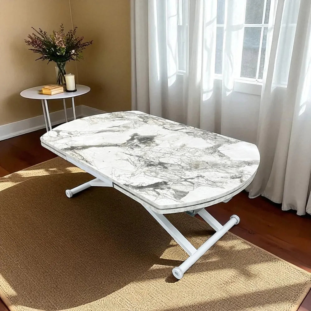 Oval Yan Baştan Açılır Akıllı Masa Üst Mdf Beyaz Mermer Desen Alt Ayak Beyaz Renk