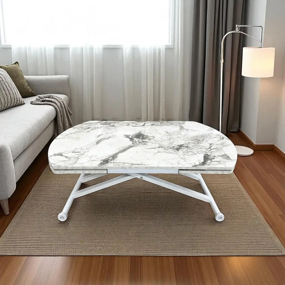 Oval Yan Baştan Açılır Akıllı Masa Üst Mdf Beyaz Mermer Desen Alt Ayak Beyaz Renk