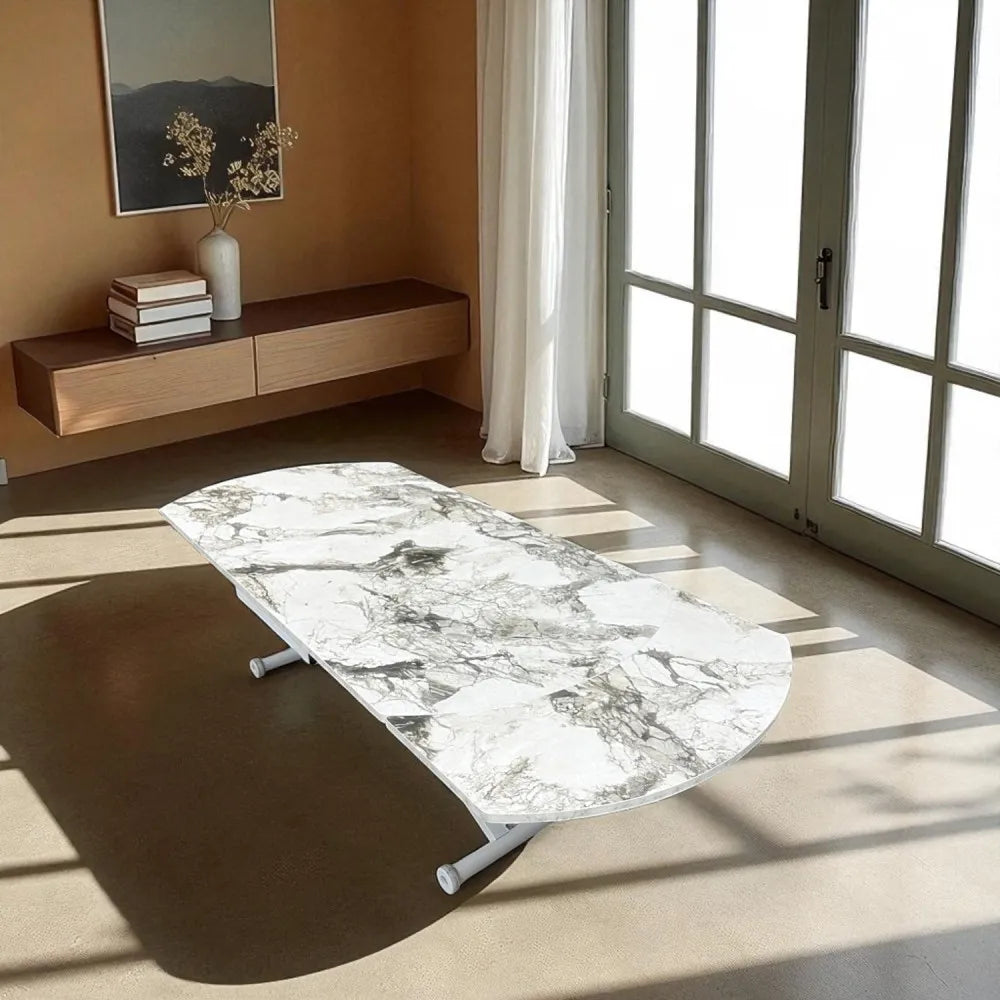 Oval Yan Baştan Açılır Akıllı Masa Üst Mdf Beyaz Mermer Desen Alt Ayak Beyaz Renk