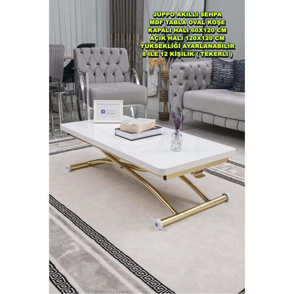 Juppo Üst Tabla Mdf Beyaz Oval Köşe Alt Ayak Yuvarlak Gold Kaplama Dışa Kıvrım
