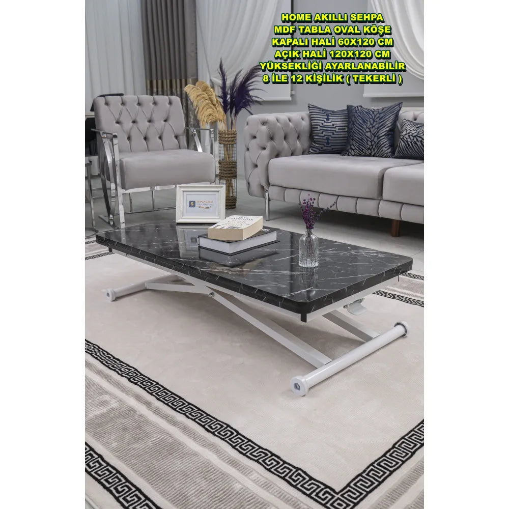 Home Üst Tabla Mdf Siyah Mermer Oval Köşe Alt Ayak Beyaz Renk