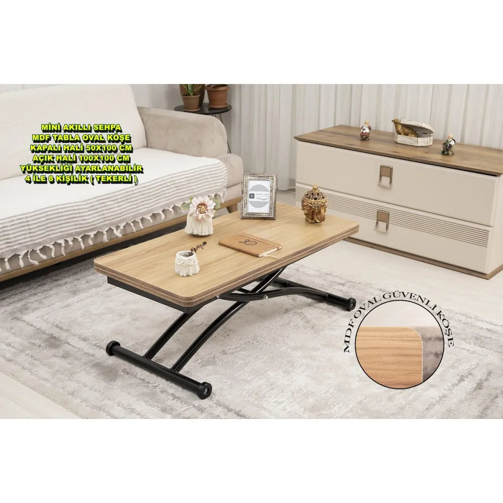 Mini Juppo Dışa K Akıllı Sehpa Üst Tabla Mdf Katanya Oval Köşe Alt Siyah Renk