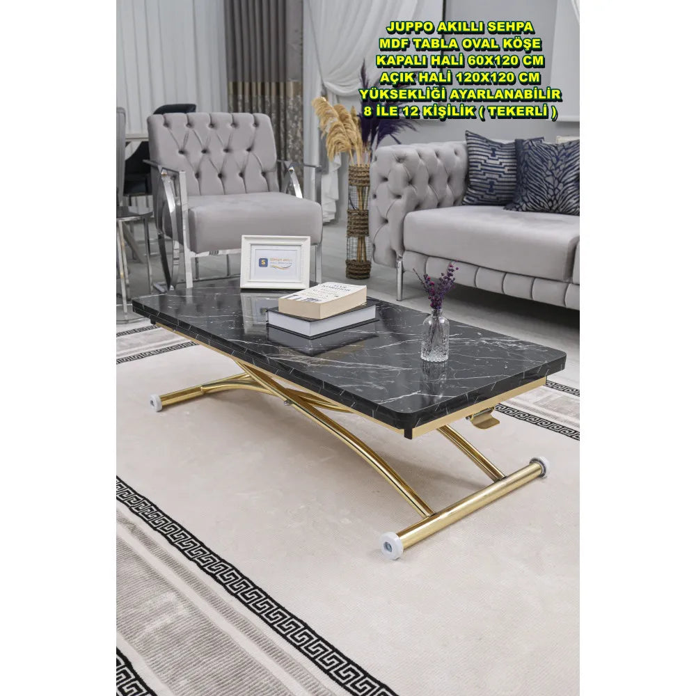 Juppo Üst Tabla Mdf Siyah Mermer Oval Köşe Alt Ayak Yuvarlak Gold Kaplama Dışa Kıvrım