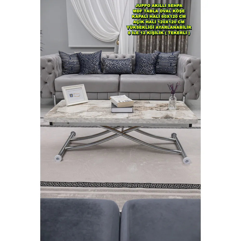 Juppo Üst Tabla Mdf Beyaz Mermer Oval Köşe Alt Ayak Yuvarlak Krom Kaplama İçe Kıvrım