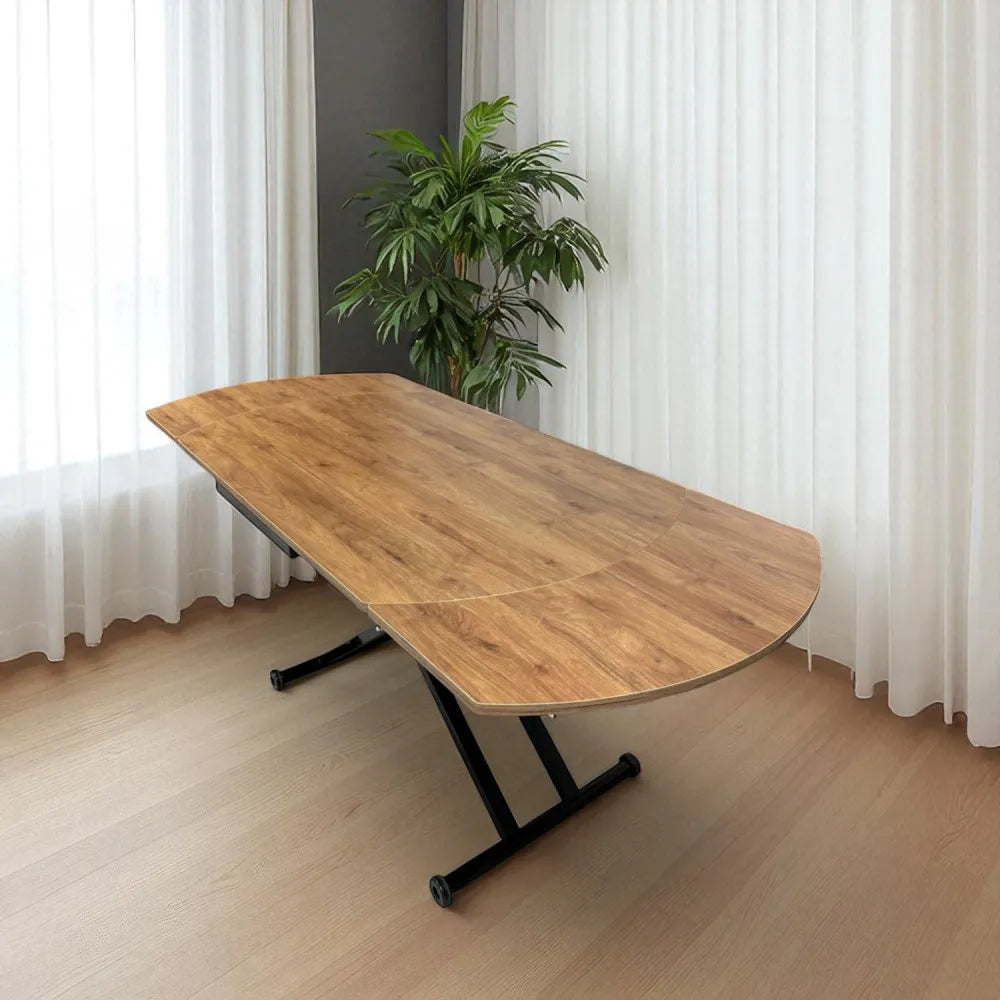 Oval Yan Baştan Açılır Akıllı Masa Üst Mdf Ceviz Alt Ayak Siyah Renk