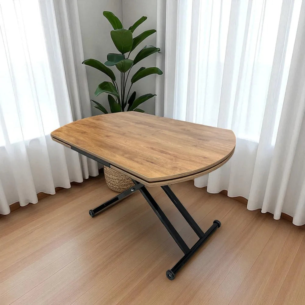 Oval Yan Baştan Açılır Akıllı Masa Üst Mdf Ceviz Alt Ayak Siyah Renk