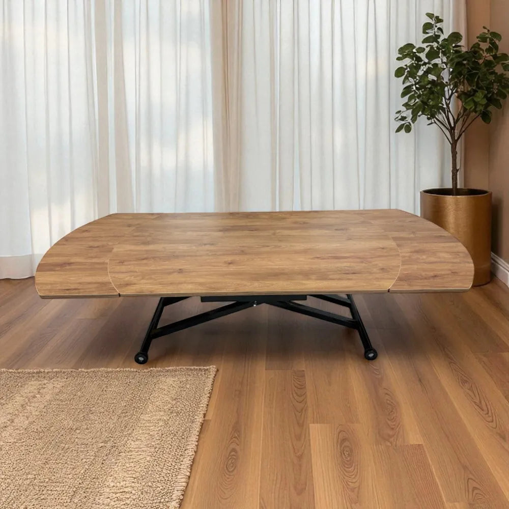 Oval Yan Baştan Açılır Akıllı Masa Üst Mdf Ceviz Alt Ayak Siyah Renk