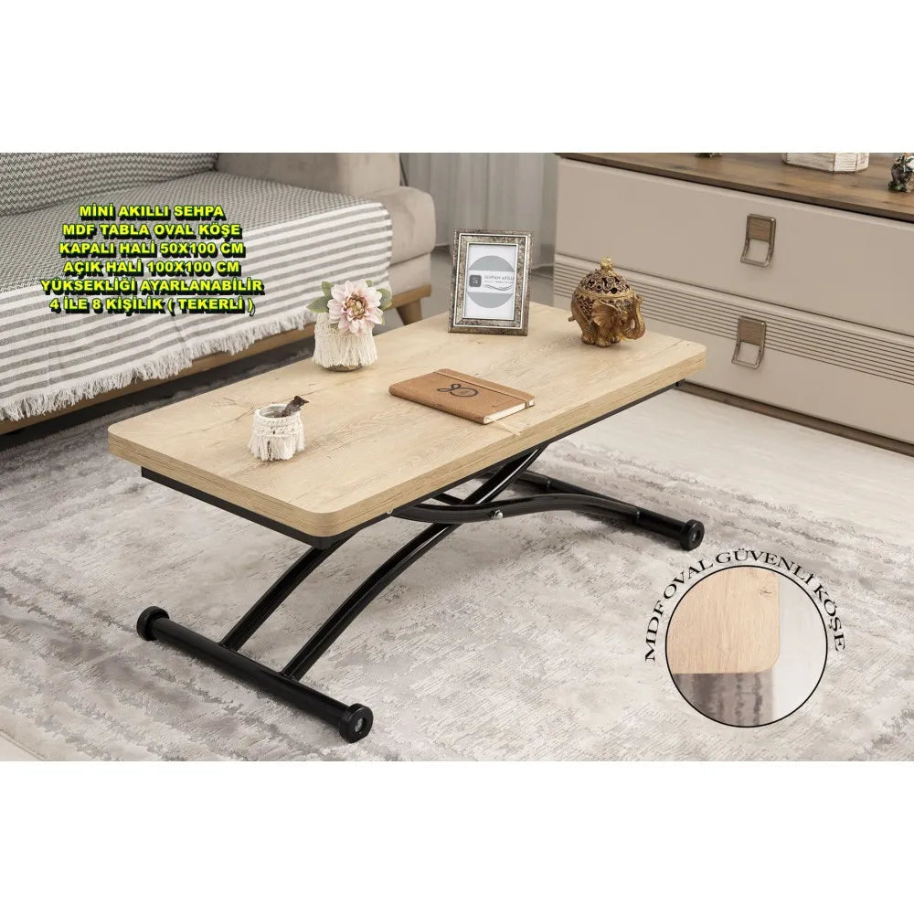 Mini Juppo Dışa K Akıllı Sehpa Üst Tabla Mdf VeliMeşe Oval Köşe Alt Ayak Siyah Renk