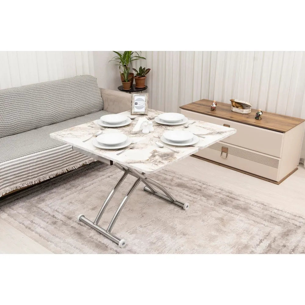 Mini Juppo Dışa K Akıllı Sehpa Üst Tabla Mdf Beyaz Mermer Oval Köşe Alt Krom Kaplama