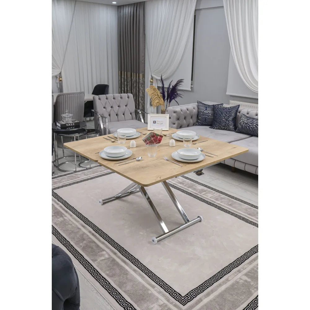 Home Üst Tabla Mdf Veli Meşe Oval Köşe Alt Ayak Krom Kaplama