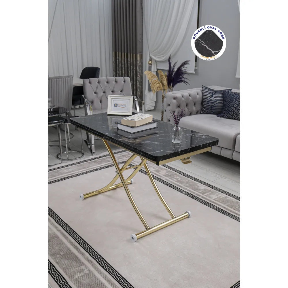 Juppo Üst Tabla Mdf Siyah Mermer Oval Köşe Alt Ayak Yuvarlak Gold Kaplama İçe Kıvrım
