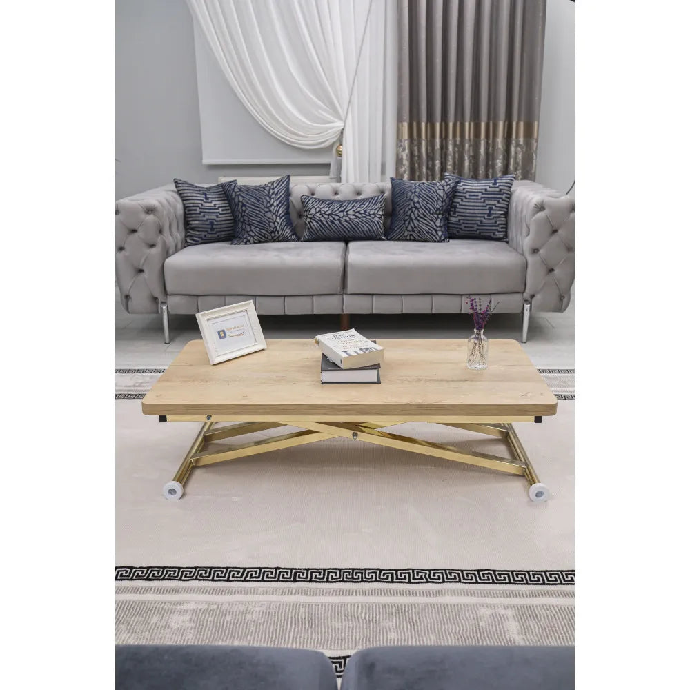 Home Üst Tabla Mdf Veli Meşe Oval Köşe Alt Ayak Gold Kaplama