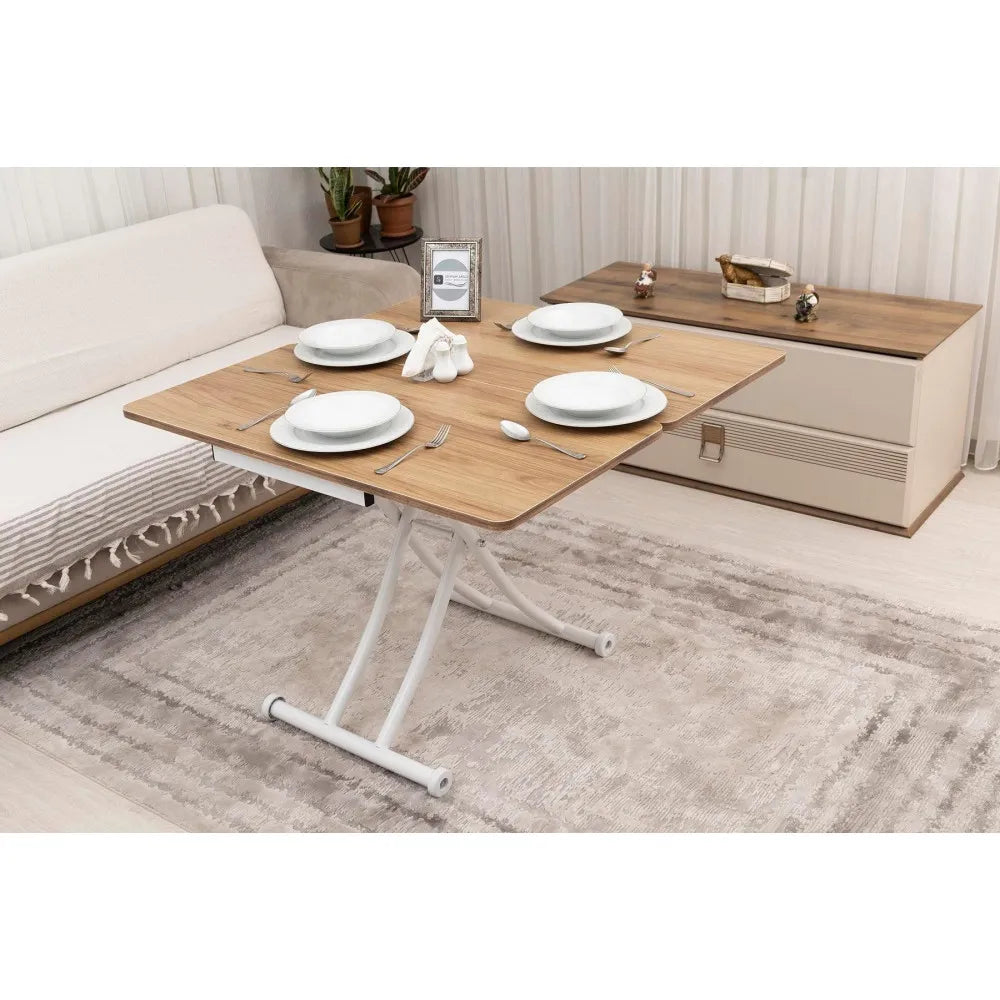 Mini Juppo İçe K Akıllı Sehpa Üst Tabla Mdf Katanya Oval Köşe Alt Beyaz Renk