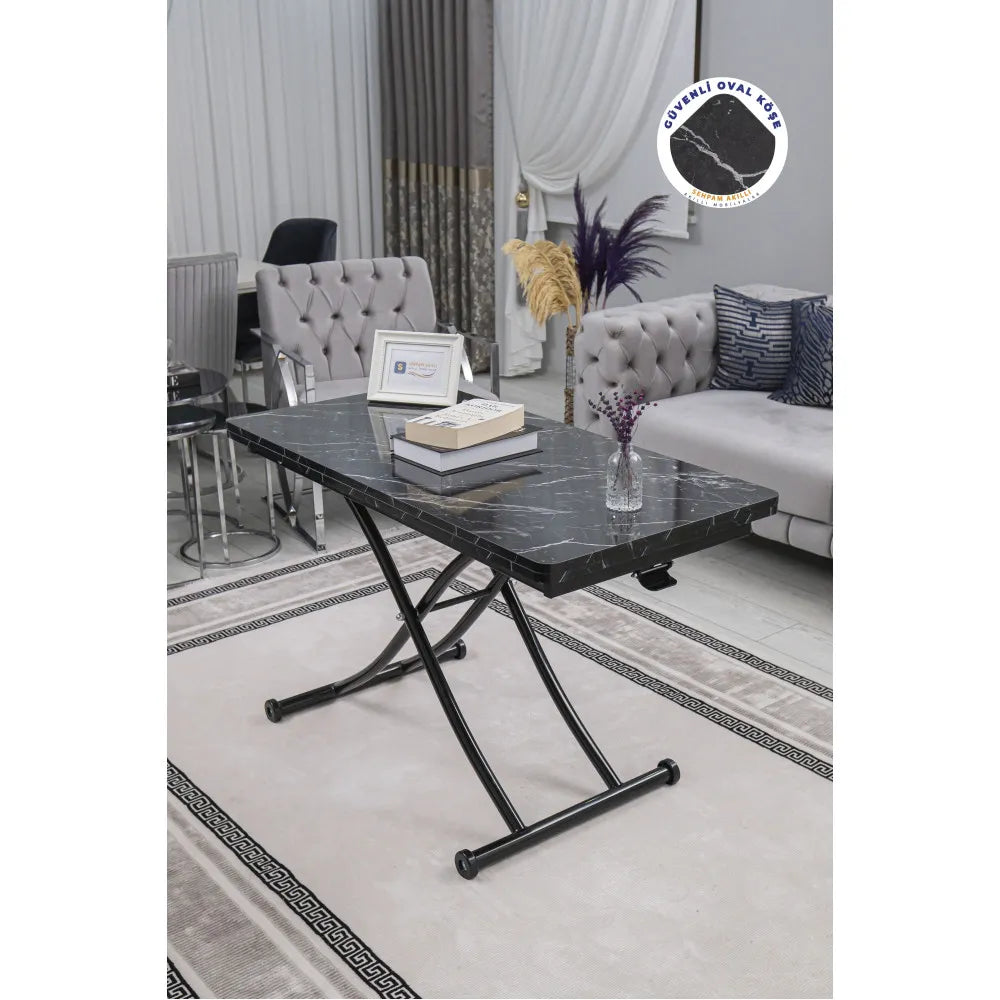 Juppo Üst Tabla Mdf Siyah Mermer Oval Köşe Alt Ayak Yuvarlak Siyah İçe Kıvrım