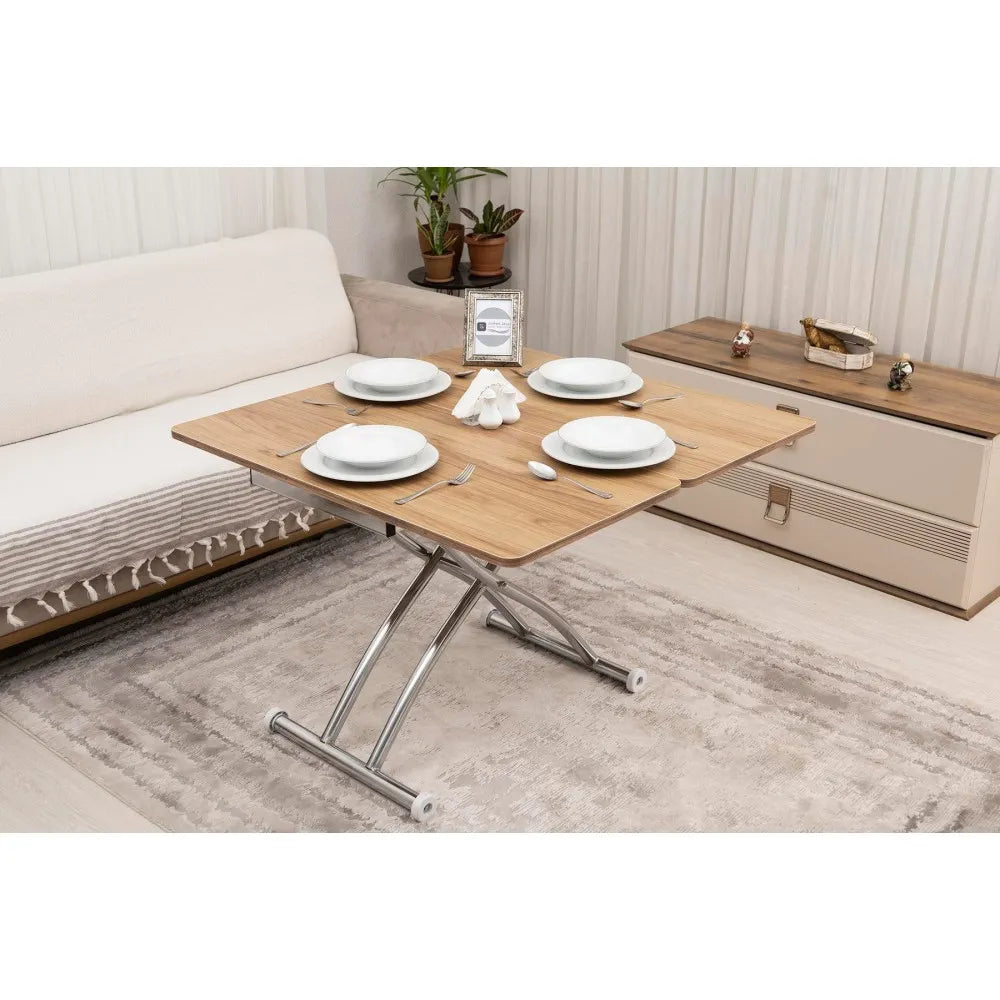 Mini Juppo Dışa K Akıllı Sehpa Üst Tabla Mdf Katanya Oval Köşe Alt Krom Kaplama