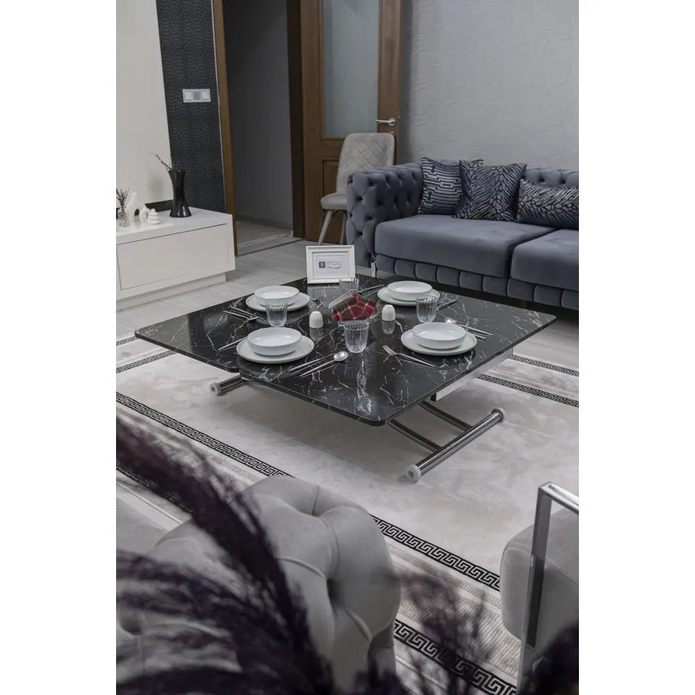 Juppo Üst Tabla Mdf Siyah Mermer Oval Köşe Alt Ayak Yuvarlak Krom Kaplama İçe Kıvrım