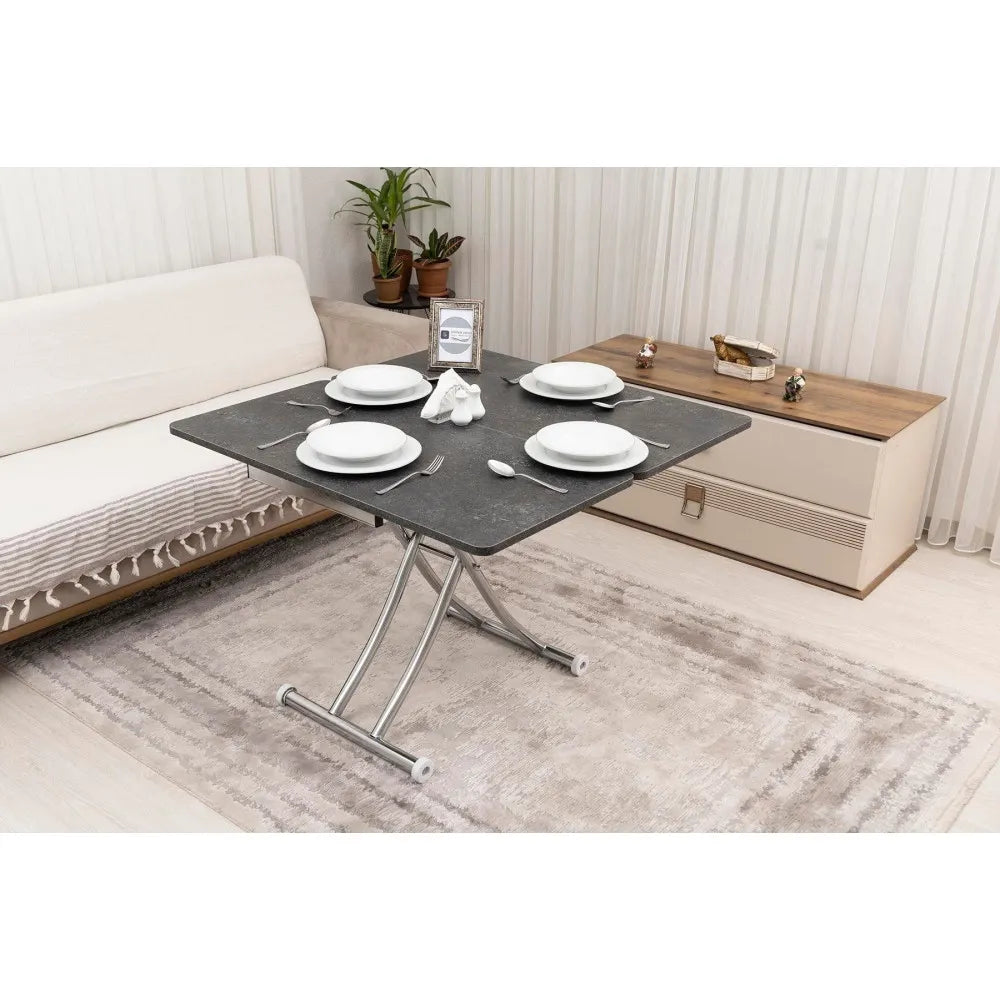 Mini Juppo İçe K Akıllı Sehpa Üst Tabla Mdf Frezeli Antrasit Oval Köşe Alt Krom Kaplama