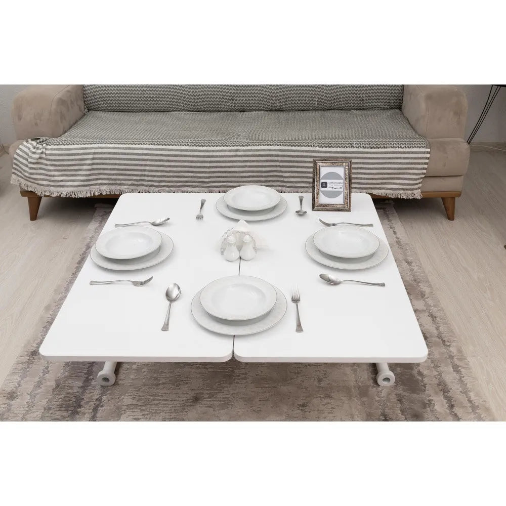 Mini Juppo Dışa K Akıllı Sehpa Üst Tabla Mdf Beyaz Oval Köşe Alt Beyaz Renk