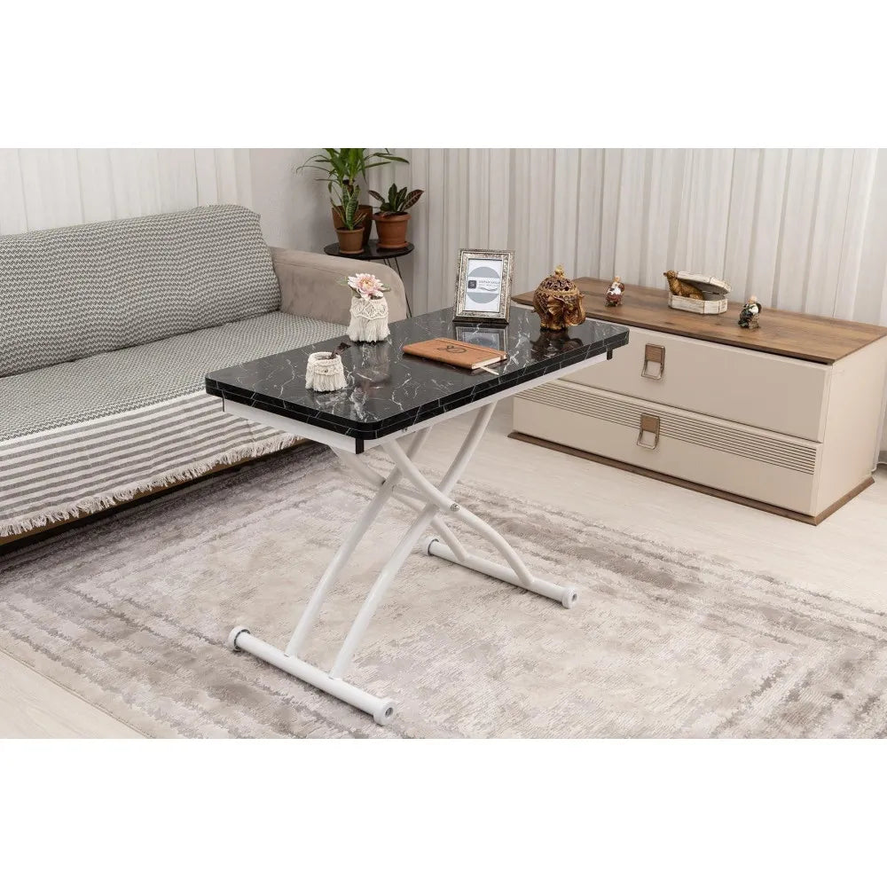 Mini Juppo Dışa K Akıllı Sehpa Üst Tabla Mdf Siyah Mermer Oval Köşe Alt Ayak Beyaz Renk