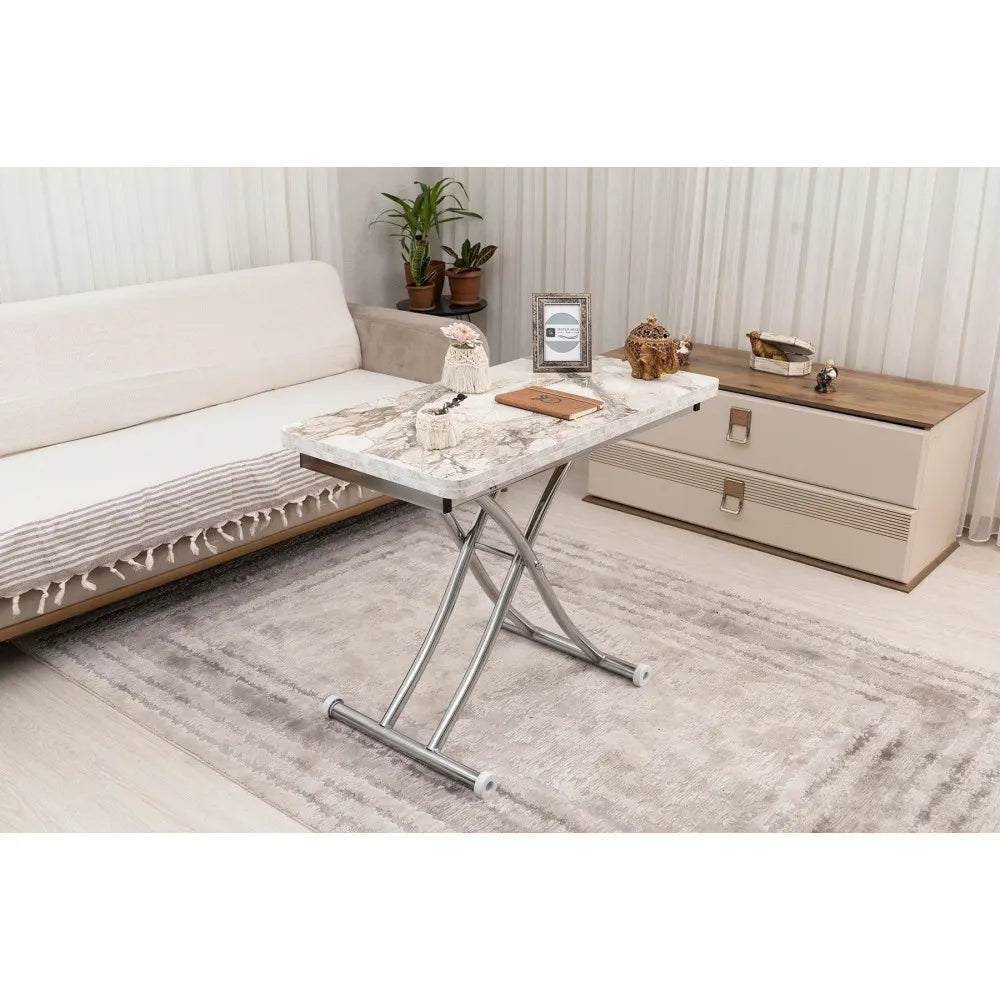 Mini Juppo İçe K Akıllı Sehpa Üst Tabla Mdf Beyaz Mermer Oval Köşe Alt Krom Kaplama