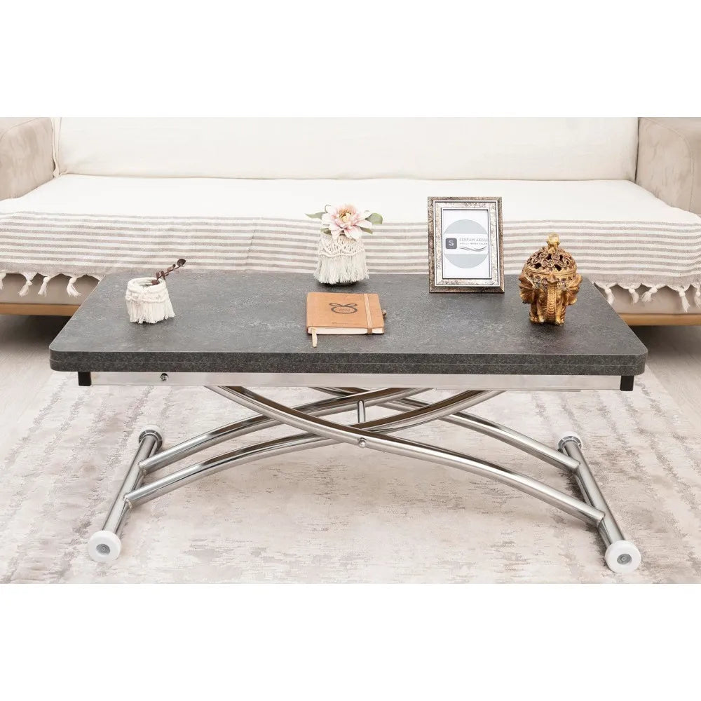 Mini Juppo Dışa K Akıllı Sehpa Üst Tabla Mdf Frezeli Antrasit Oval Köşe Alt Krom Kaplama