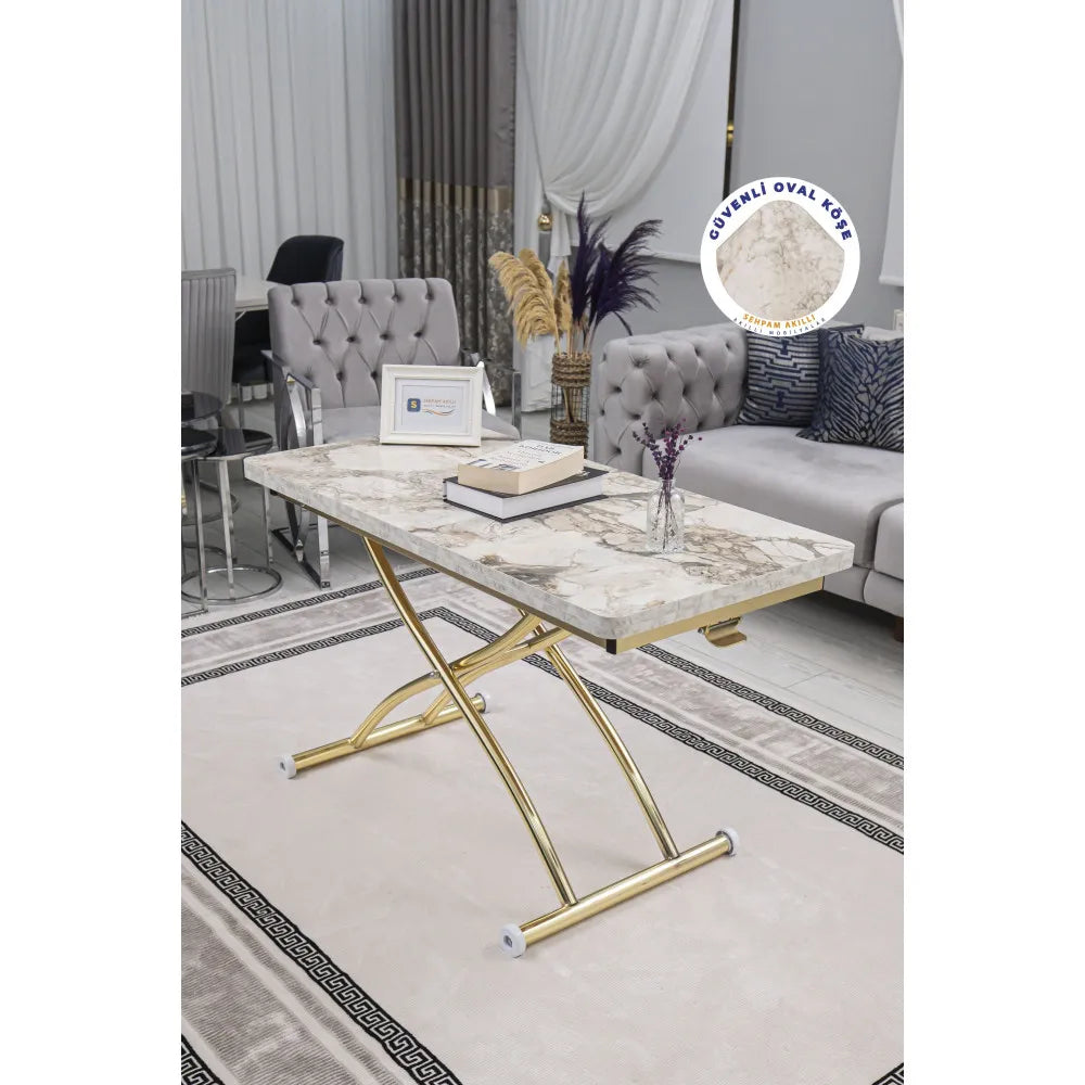 Juppo Üst Tabla Mdf Beyaz Mermer Oval Köşe Alt Ayak Yuvarlak Gold Kaplama Dışa Kıvrım