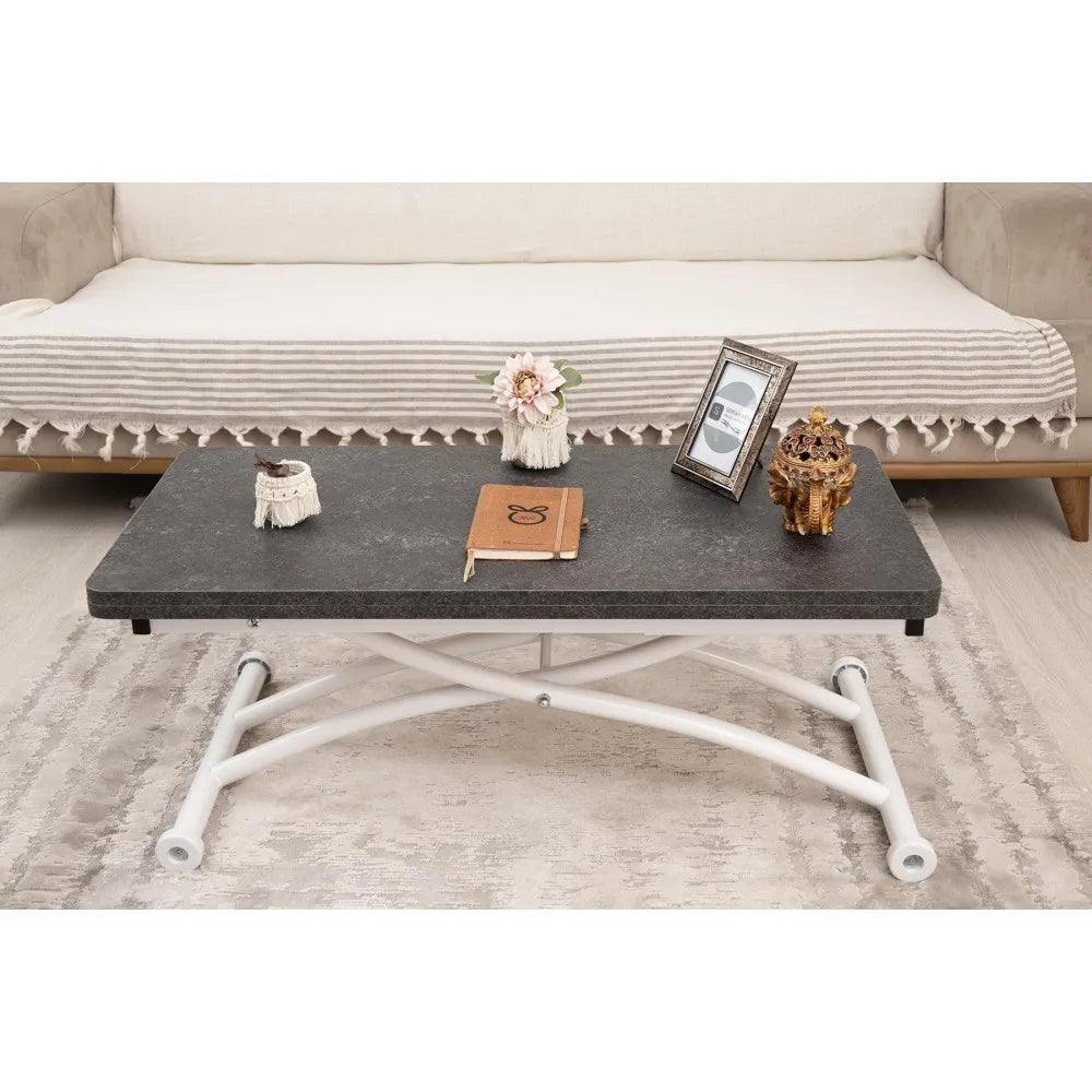 Mini Juppo Dışa K Akıllı Sehpa Üst Tabla Mdf Frezeli Antrasit  Oval Köşe Alt Beyaz Renk