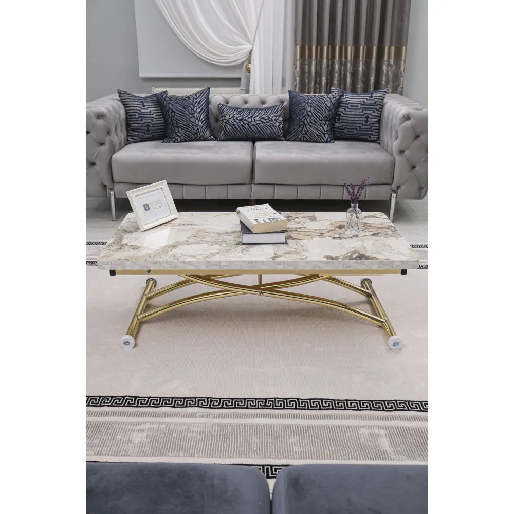 Juppo Üst Tabla Mdf Beyaz Mermer Oval Köşe Alt Ayak Yuvarlak Gold Kaplama Dışa Kıvrım