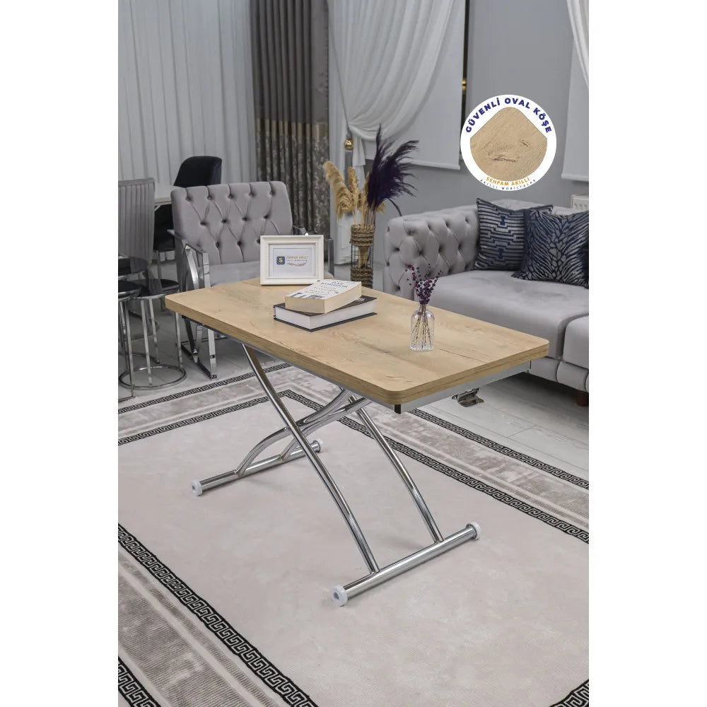 Juppo Üst Tabla Mdf Veli Meşe Oval Köşe Alt Ayak Yuvarlak Krom Kaplama Dışa Kıvrım