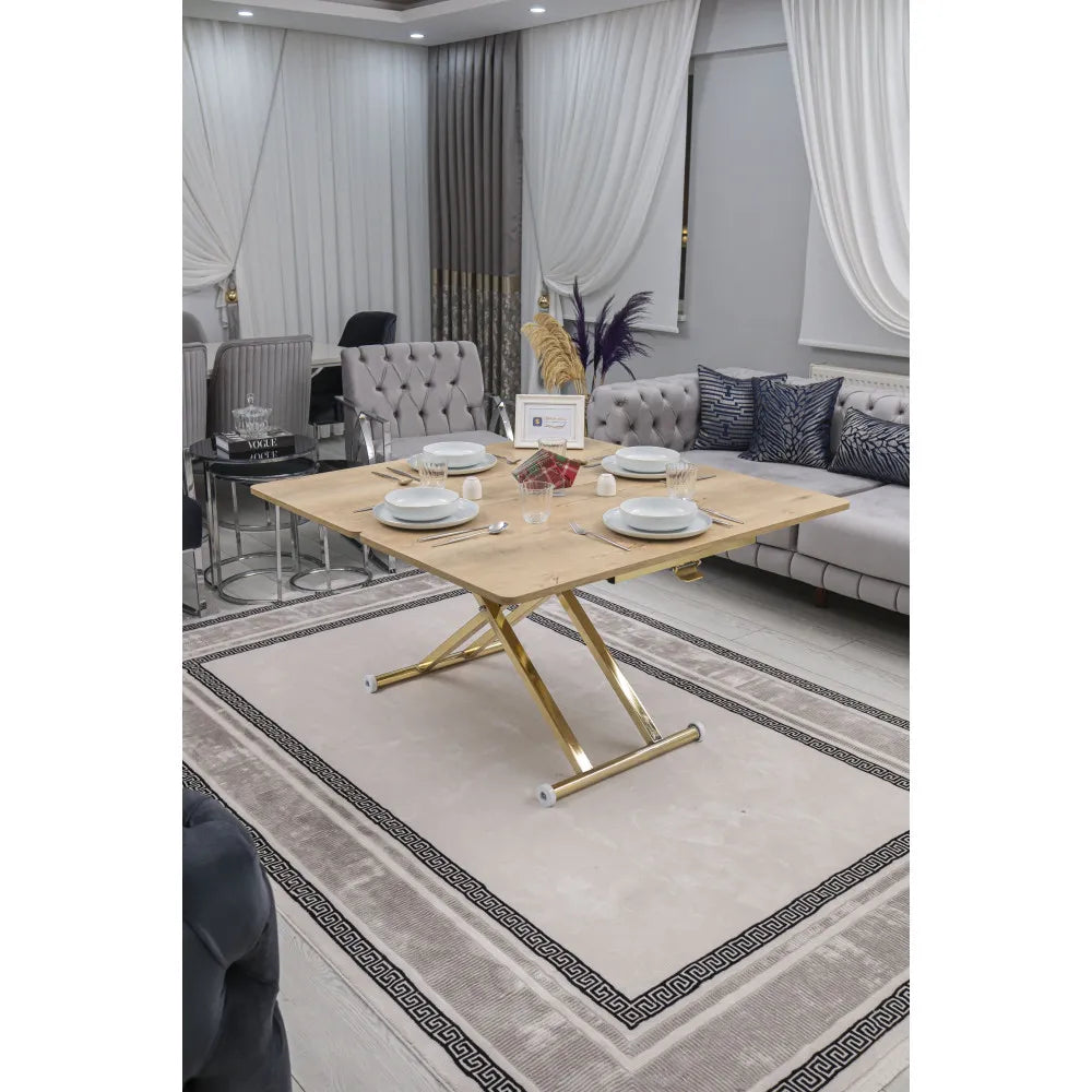 Home Üst Tabla Mdf Veli Meşe Oval Köşe Alt Ayak Gold Kaplama