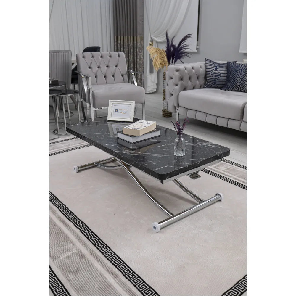 Juppo Üst Tabla Mdf Siyah Mermer Oval Köşe Alt Ayak Yuvarlak Krom Kaplama İçe Kıvrım