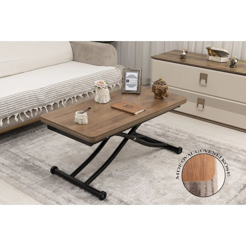 Mini Juppo İçe K Akıllı Sehpa Üst Tabla Mdf Ceviz Oval Köşe Alt Siyah Renk