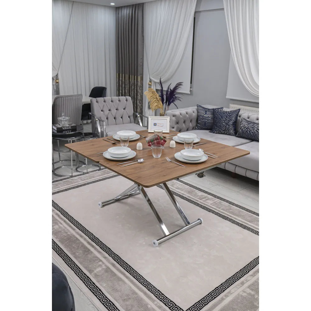 Home Üst Tabla Mdf Ceviz Oval Köşe Alt Ayak Krom Kaplama