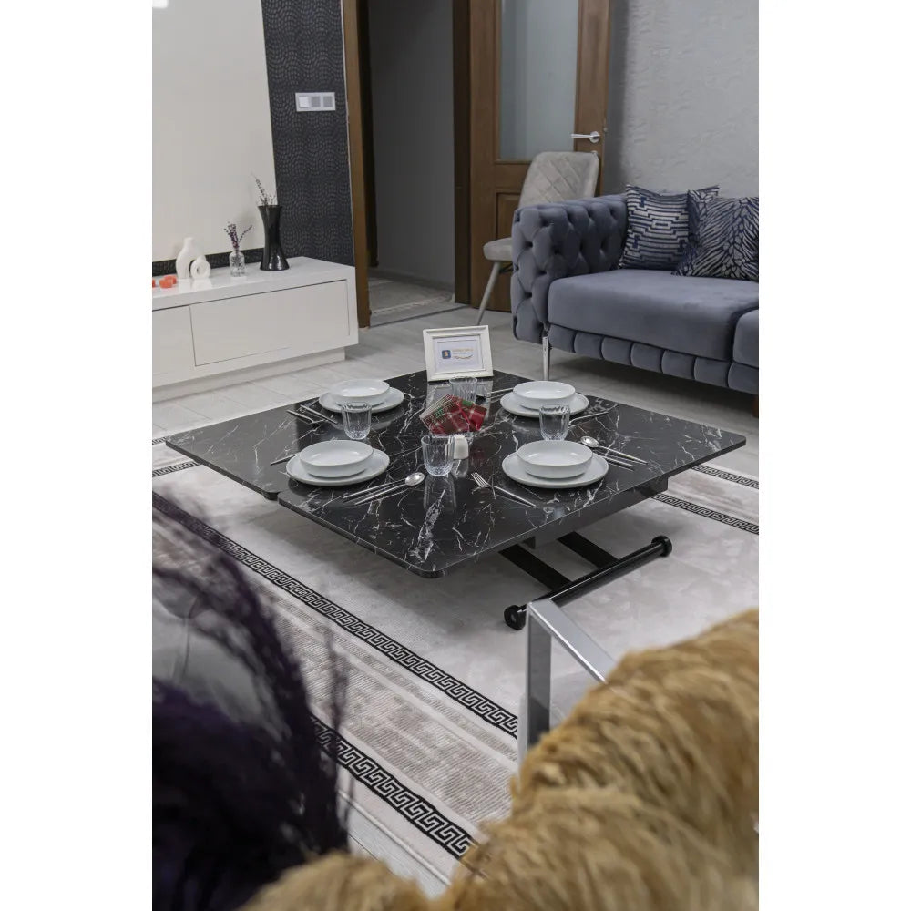 Home Üst Tabla Mdf Siyah Mermer Oval Köşe Alt Ayak Siyah Renk