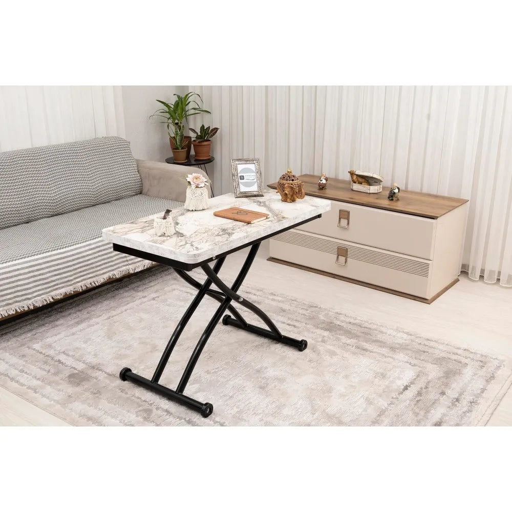 Mini Juppo Dışa K Akıllı Sehpa Üst Tabla Mdf Beyaz Mermer Oval Köşe Alt Siyah Renk