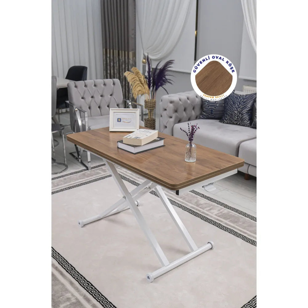 Home Üst Tabla Mdf Ceviz Oval Köşe Alt Ayak Beyaz Renk