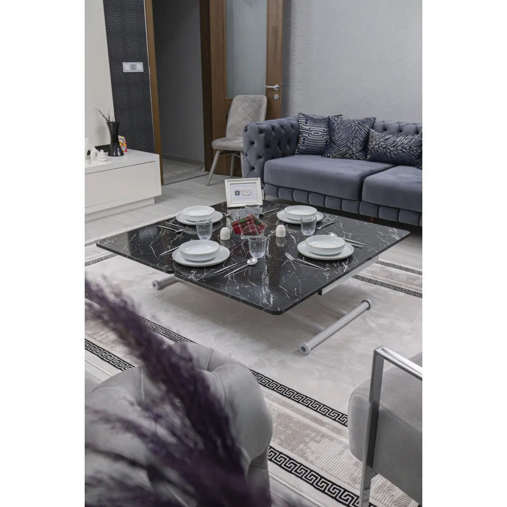 Juppo Üst Tabla Mdf Siyah Mermer Oval Köşe Alt Ayak Yuvarlak Beyaz İçe Kıvrım